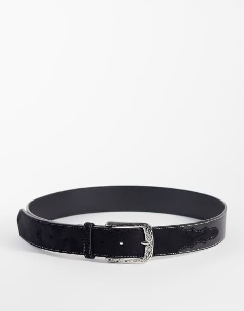 ASOS DESIGN – Svart skärp i läderimitation med inlägg i mockaimitation och silverfärgat spänne i cowboystil - view 1