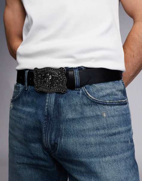 ASOS DESIGN – Svart skärp i läderimitation med silverfärgat statement-spänne i cowboystil - view 1