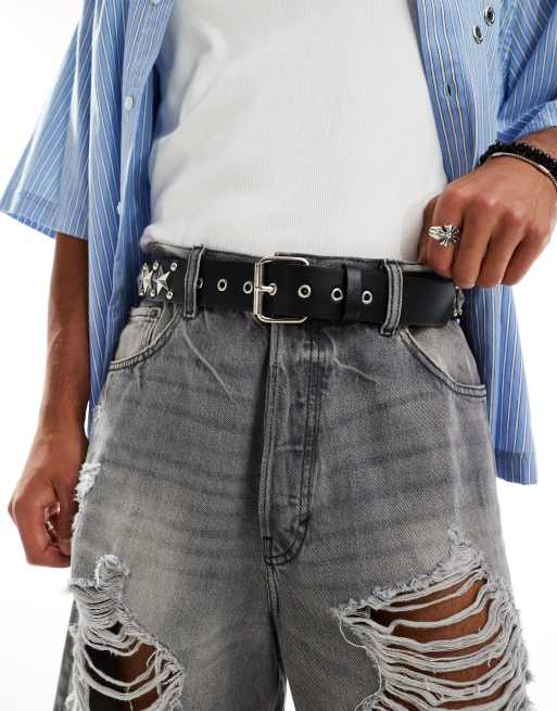 ASOS DESIGN – Svart skärp i läderimitation med stjärnformade nitar och silverfärgat rullspänne, 4 av 4