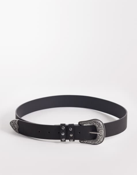 ASOS DESIGN – Svart skärp i läderimitation och cowboystil med nitar och silverfärgat spänne - view 1