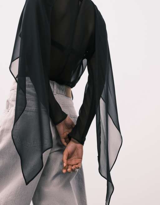 ASOS DESIGN – Svart, skir blus i chiffong med scarfdetalj, 3 av 4