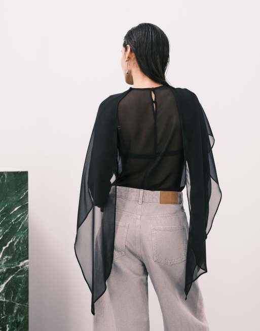 ASOS DESIGN – Svart, skir blus i chiffong med scarfdetalj, 4 av 4