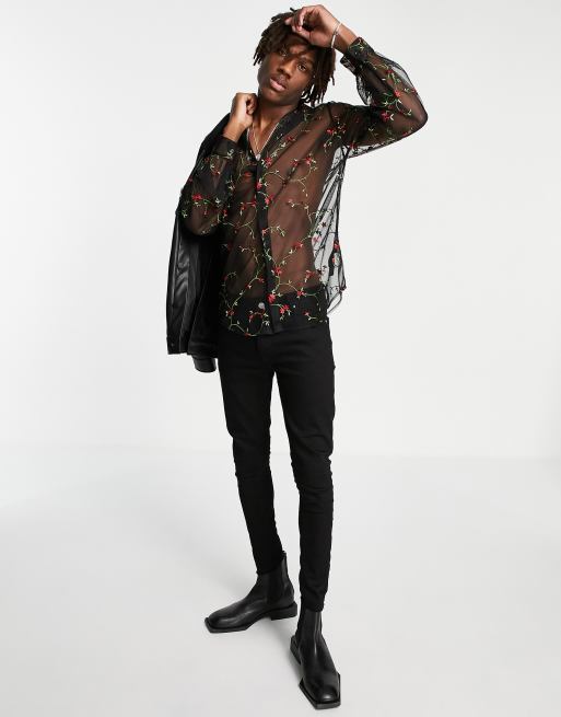 ASOS DESIGN – Svart skir skjorta med blommigt broderi