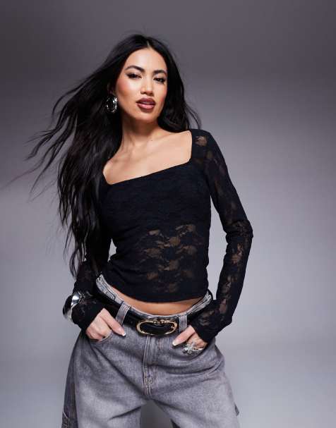ASOS DESIGN – Svart, skir topp i spets med fyrkantig ringning - view 1
