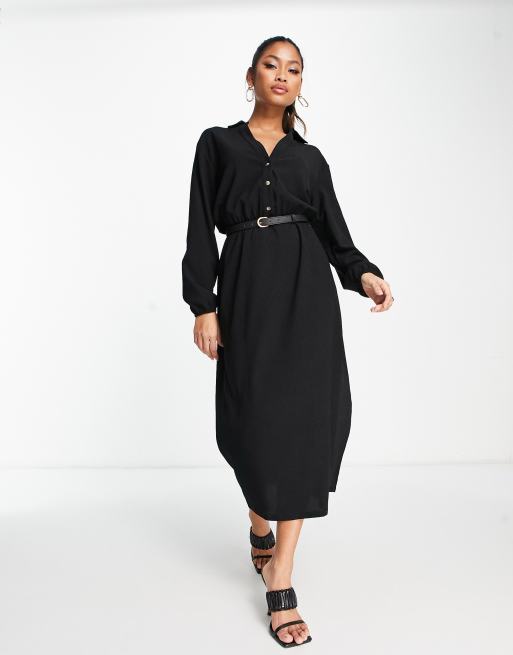 ASOS DESIGN – Svart skjortklänning i midilängd med skärp och långa ärmar
