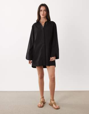 ASOS DESIGN – Svart skjortklänning i minilängd med breda ärmslut och stora fickor — klänning med fickor från ASOS