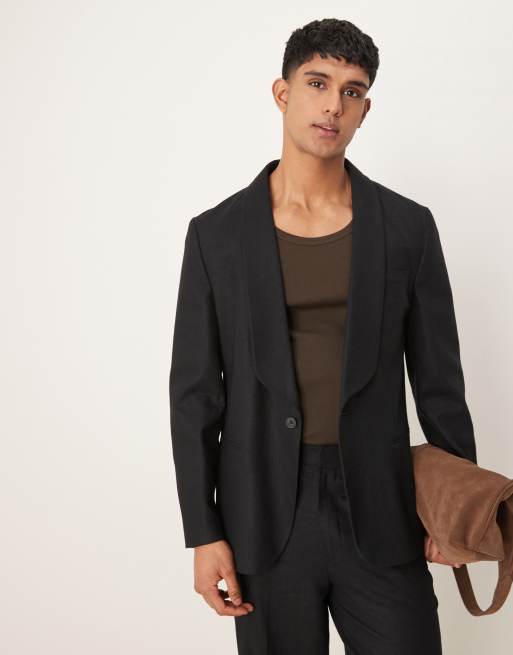 ASOS DESIGN – Svart, smal kavaj i linneblandad twill med sjalkrage
