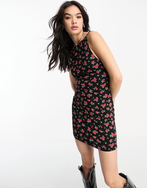 ASOS DESIGN – Svart småmönstrad bodycon-klänning i minilängd med båtringning och smala axelband