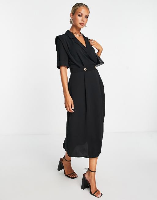ASOS DESIGN – Svart smokingklänning i midilängd och omlottdesign med axelvaddar, 4 av 4
