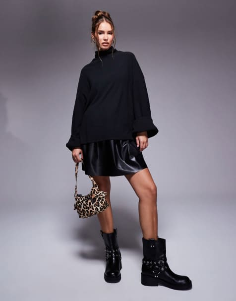 ASOS DESIGN – Svart, stickad 2-i-1 miniklänning i PU med lager - view 1
