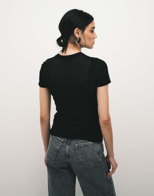 ASOS DESIGN – Svart, stickad, figurnära och skir t-shirt, 4 av 4