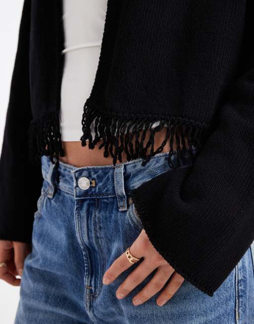 ASOS DESIGN – Svart, stickad kofta med fransar, 3 av 4