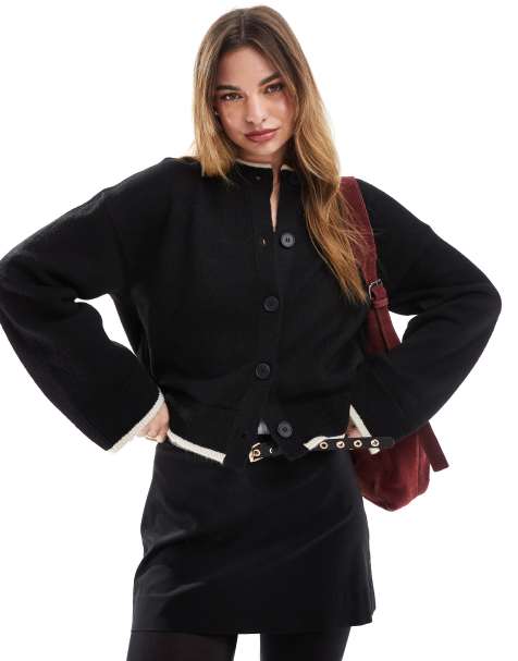 ASOS DESIGN – Svart, stickad kofta med rund halsringning och kantrand - view 1