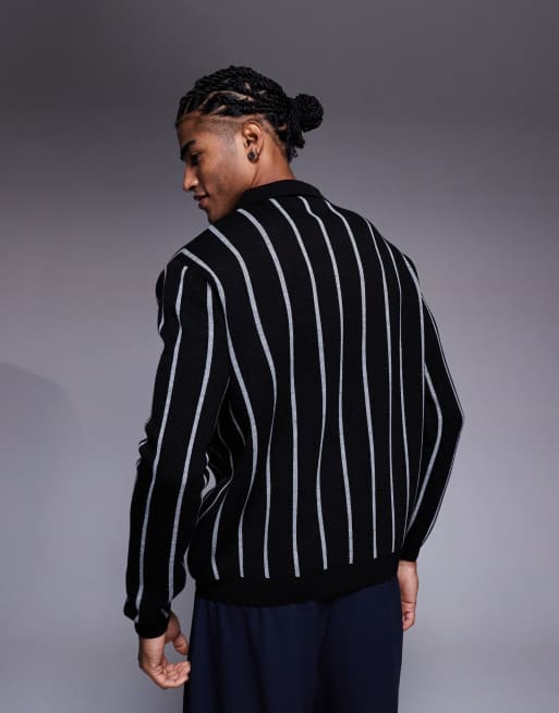 ASOS DESIGN – Svart, stickad pikétröja med avslappnad passform och randigt mönster, 3 av 5