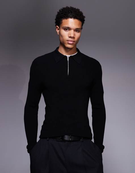 ASOS DESIGN – Svart, stickad topp i muscle fit med långa ärmar och kort dragkedja - view 1