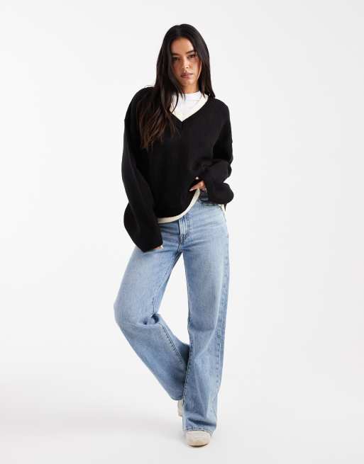 ASOS DESIGN – Svart, stickad tröja i två lager med v-ringning, 3 av 4