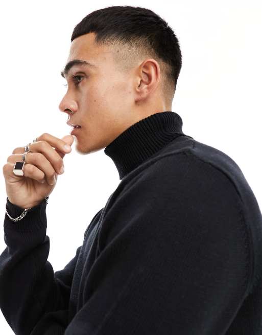 ASOS DESIGN – Svart stickad tröja med polokrage i medeltjockt material, 4 av 4