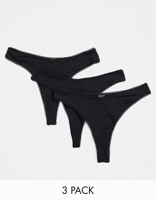 ASOS DESIGN – Svart string i bomull med hög benskärning och ojämn framkant i 3-pack