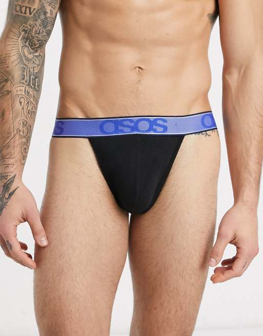ASOS DESIGN – Svart stringtrosa med kontrasterande blått, texturerat midjeband