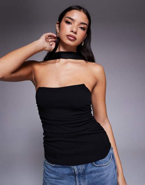 ASOS DESIGN – Svart, strukturerad, lång bandeau-topp med scarf - view 1