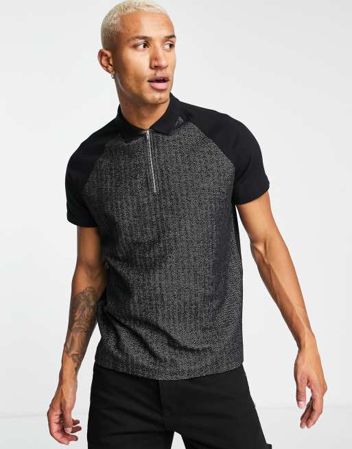 ASOS DESIGN – Svart strukturerad pikétröja med halvlång dragkedja 