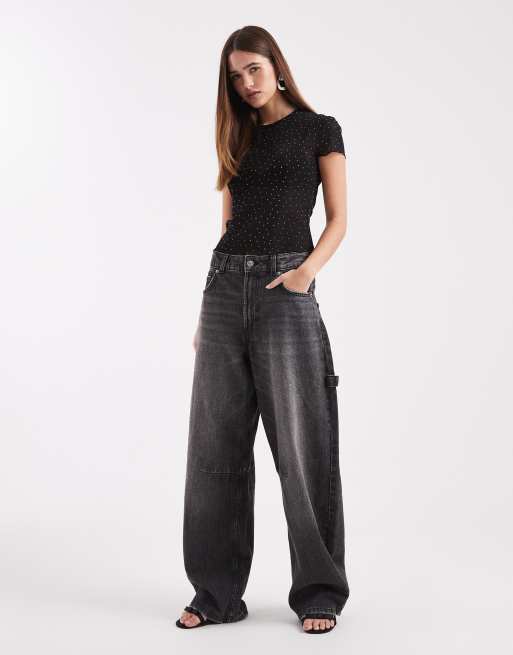 ASOS DESIGN – Svart, strukturerad t-shirt med rullfåll och strass i mesh, 3 av 4