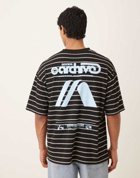 ASOS DESIGN – Svart, strukturerat randig t-shirt i oversize med arkivtryck - view 1