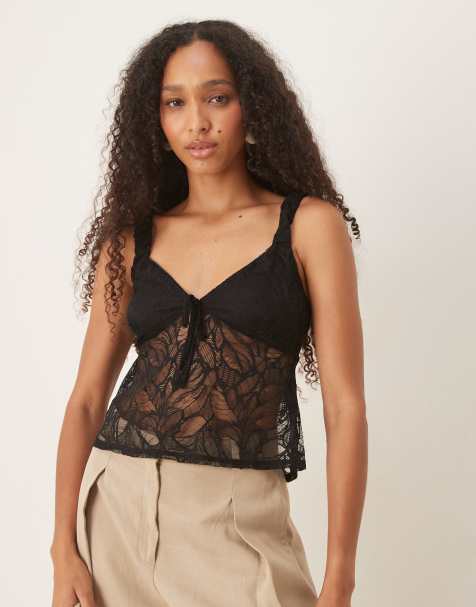 ASOS DESIGN – Svart, strukturerat spetslinne med smala axelband - view 1