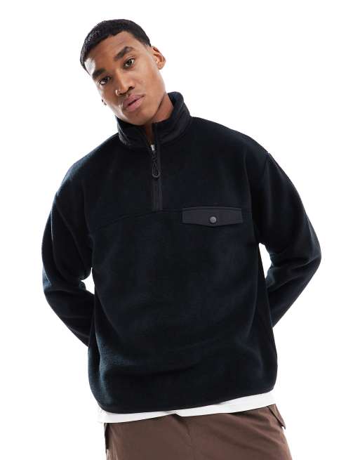 ASOS DESIGN – Svart sweatshirt i fleece och oversize med bröstficka och kort dragkedja