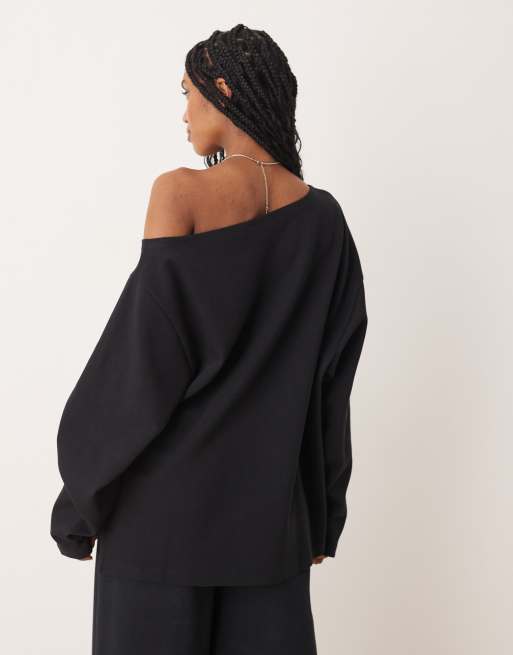 ASOS DESIGN – Svart sweatshirt i oversize med bara axlar och interlocksömmar, 4 av 4
