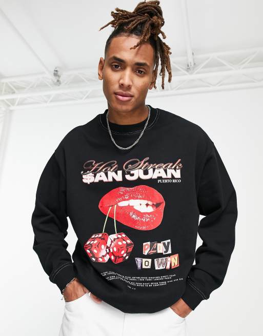 ASOS DESIGN – Svart sweatshirt i oversize med läpp-tryck framtill och kontrastfärgade sömmar