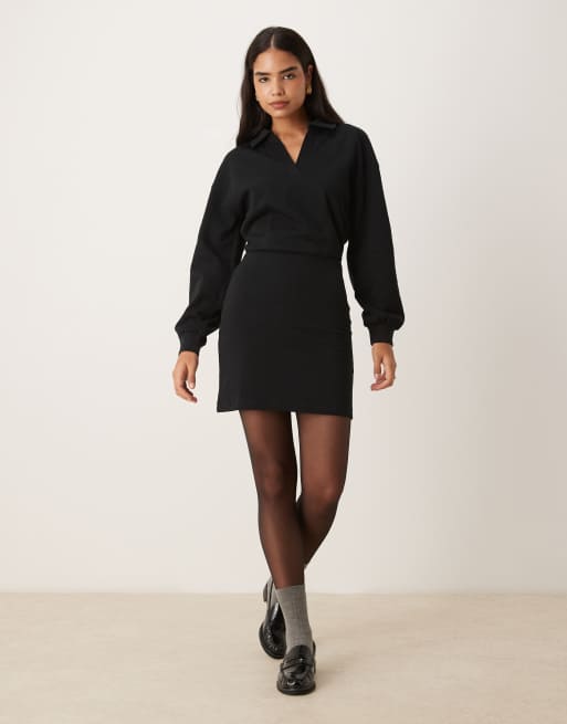 ASOS DESIGN – Svart sweatshirtklänning i minilängd med pikékrage och markerad midja i bomull, 2 av 4