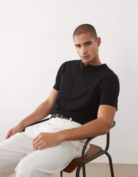 ASOS DESIGN – Svart t-shirt i bäckebölja och regular fit med henleykrage - view 1
