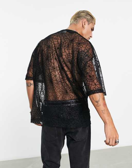ASOS DESIGN – Svart t-shirt i mesh och oversize med flockat spindelvävsmönster, 2 av 4