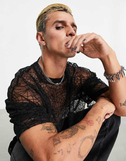 ASOS DESIGN – Svart t-shirt i mesh och oversize med flockat spindelvävsmönster, 4 av 4