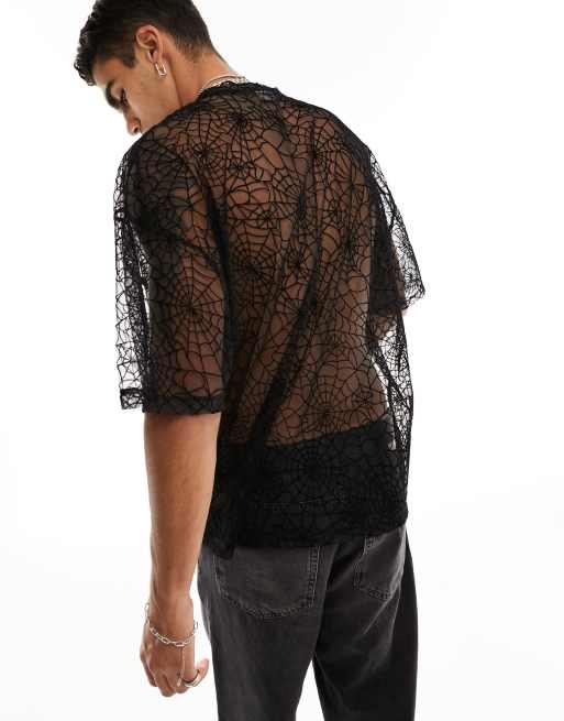 ASOS DESIGN – Svart t-shirt i mesh och oversize med flockat spindelvävsmönster, 4 av 4