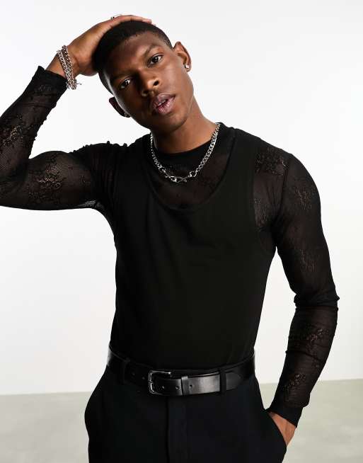 ASOS DESIGN – Svart t-shirt i muscle fit och linnemodell med lång ärm och topplager i spets