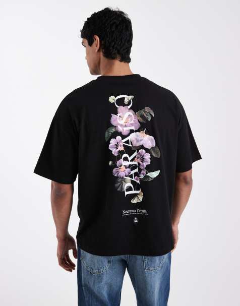 ASOS DESIGN – Svart t-shirt i oversize med blomtryck längs ryggraden och broderi - view 1