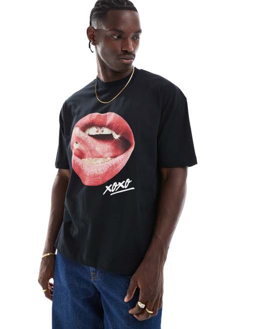 ASOS DESIGN – Svart t-shirt i oversize med läpptryck framtill, 2 av 4
