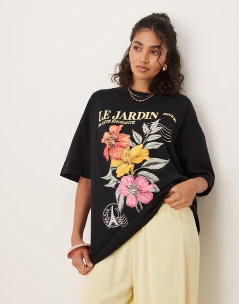 ASOS DESIGN – Svart t-shirt i oversize med "Le Jardin"-blomtryck - view 1