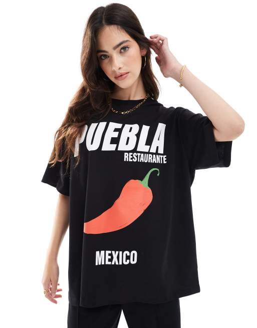 ASOS DESIGN – Svart t-shirt i oversize med Mexico- och chilitryck