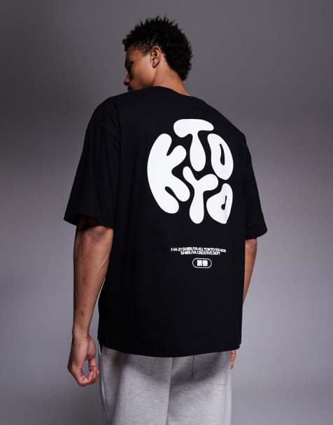 ASOS DESIGN – Svart t-shirt i oversize med puffigt Kyoto-tryck - view 1