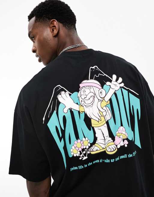 ASOS DESIGN – Svart t-shirt i oversize med tecknat utomhustryck baktill