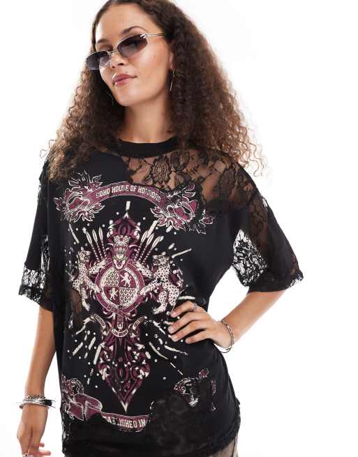 ASOS DESIGN – Svart t-shirt i oversize och spets med strass och tryck, 2 av 4