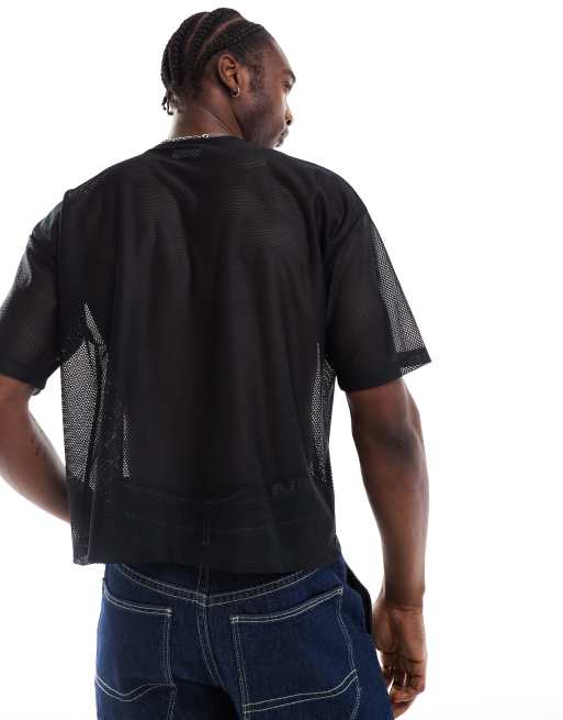 ASOS DESIGN – Svart t-shirt i sportig mesh, oversize och boxig passform med tryck framtill, 4 av 4