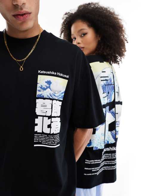 ASOS DESIGN – Svart t-shirt i unisex-modell och oversize med japanskt Hokusai-tryck