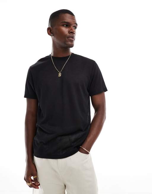 ASOS DESIGN – Svart t-shirt med rund halsringning i linnelook