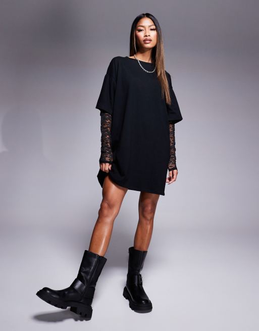 ASOS DESIGN – Svart t-shirtklänning i minilängd med spetsärmar, 4 av 4