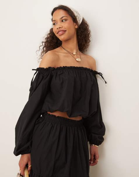 ASOS DESIGN – Svart topp i bohostil med bardotringning, del av set - view 1