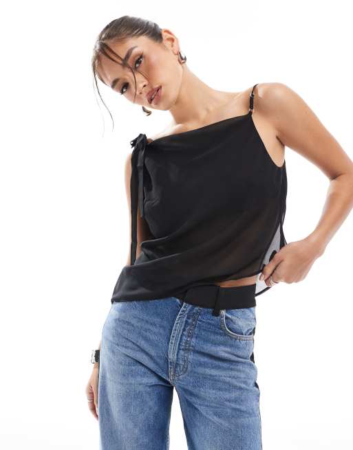 ASOS DESIGN – Svart topp i chiffong med asymmetrisk drapering